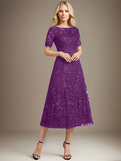 A-Linien Rundhals Illusions-Tea-Length Spitzenkleid der Brautmutter mit Pailletten