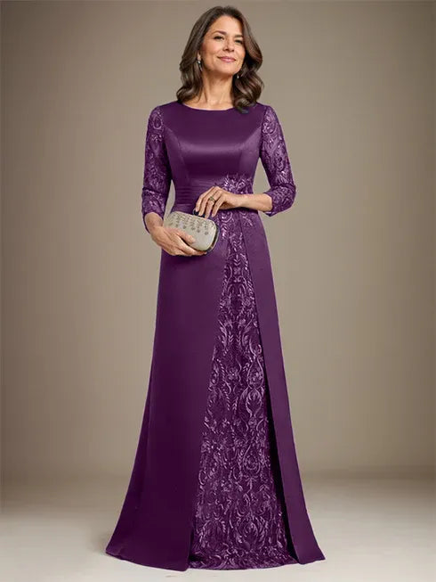 Vestido de madre de la novia largo hasta el suelo con encaje, satén, línea A, escote redondo y aplicaciones