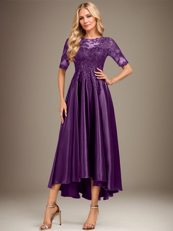 A-Linie Rundhalsausschnitt Illusion Asymmetrisches Stretch-Satin-Spitzen-Brautmutterkleid mit Pailletten
