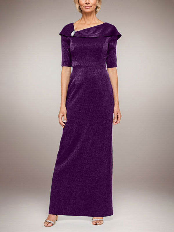 Langes schimmerndes Säulenkleid mit umgeschlagenem Ärmelbündchen, L-Ausschnitt und Ellbogenärmeln