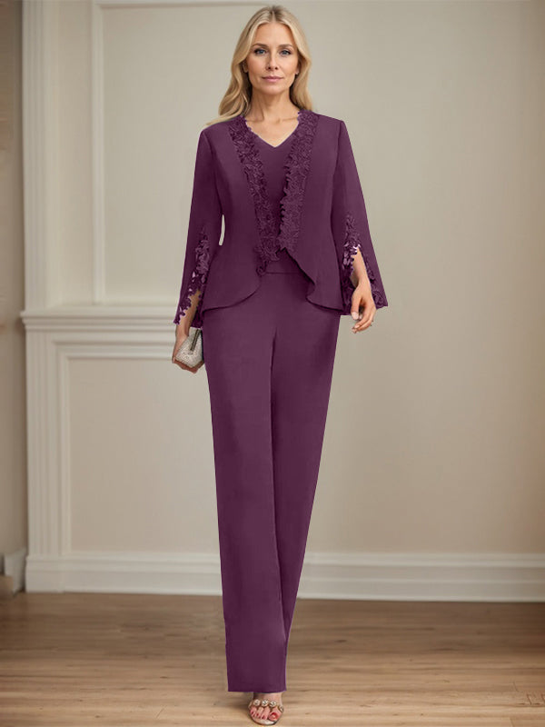 Zweiteiler Jumpsuit/Hosenanzug V-Ausschnitt bodenlanges Chiffon Mutter der Braut Kleid