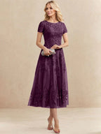 Robe de mère de la mariée A-line en tulle et dentelle, col arrondi, longueur thé