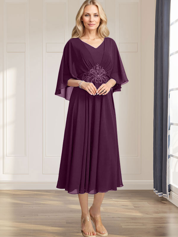 Robe de mère de la mariée en mousseline, longueur thé, col en V, en ligne A, avec appliques plissées, sequins, dentelle et perles