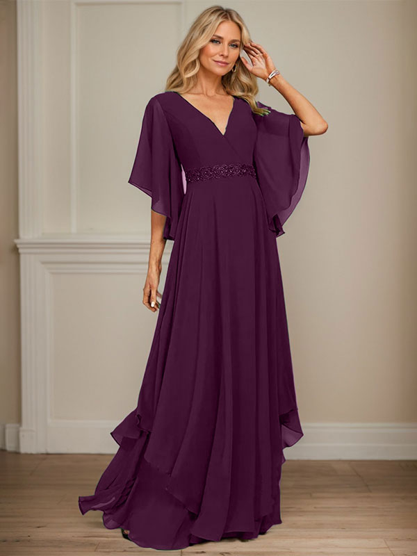 A-Linien V-Ausschnitt bodenlanges Chiffon-Mutter-der-Braut-Kleid mit Pailletten-Applikationen, Spitze und Perlen