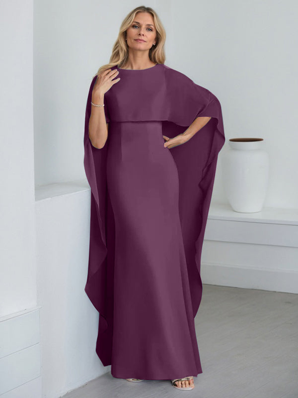 Etui-Kleid mit Rundhalsausschnitt, bodenlang, Chiffon, Mutter-der-Braut-Kleid mit kaskadierenden Rüschen