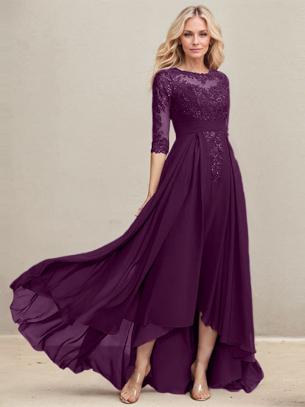 A-Linien Ausschnitt Illusions Asymmetrisches Spitzen-Chiffon Kleid für die Mutter der Braut mit plissierten Pailletten
