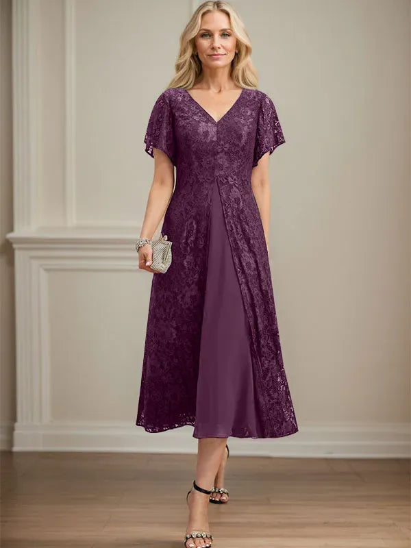 Robe mère de la mariée ligne A en dentelle et mousseline à col en V longueur thé