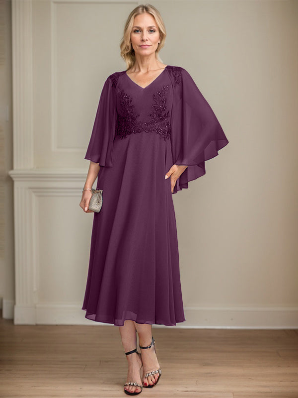 A-Linien-Brautmutterkleid aus Chiffon, V-Ausschnitt, tea-length mit Spitze, Pailletten und Perlen