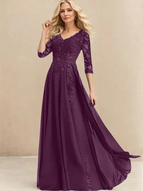A-Linien V-Ausschnitt Bodenlanges Spitzen-Chiffon Kleid für die Brautmutter mit Pailletten