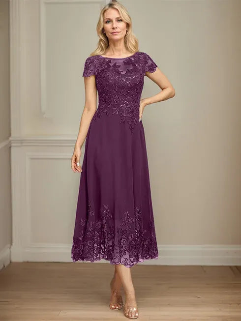 A-Linien Illusions Rundhals tea-langes Spitzenchiffon Mutter der Braut Kleid mit Pailletten