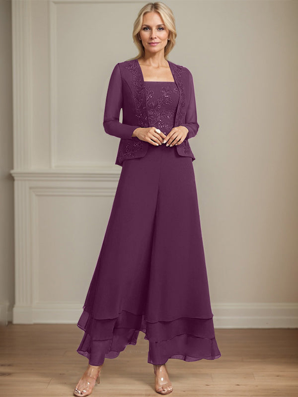 Zweiteiler Jumpsuit/Hosenanzug quadratisch knöchellang Spitze Chiffon Brautmutterkleid mit Pailletten