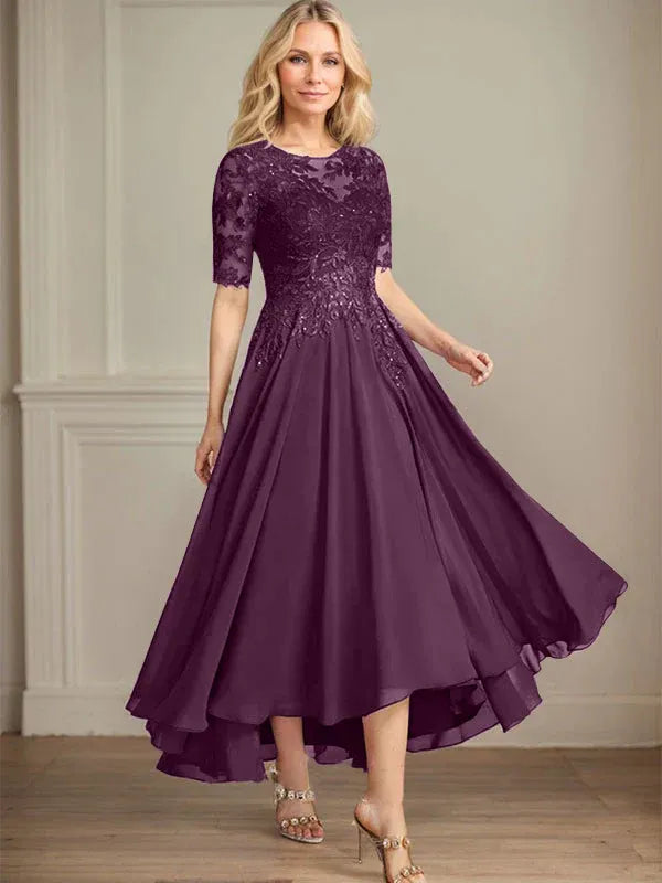 A-Linien Scoop-Ausschnitt Illusion asymmetrisches Chiffon-Spitzen-Mutter-der-Braut-Kleid mit Pailletten