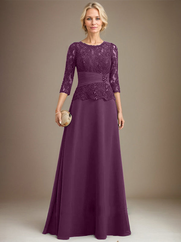 A-Linien Kleid mit Scoop-Ausschnitt, Illusion, bodenlangem Chiffon und Spitze, Mutter-der-Braut-Kleid mit plissierten Pailletten und Perlenbesatz