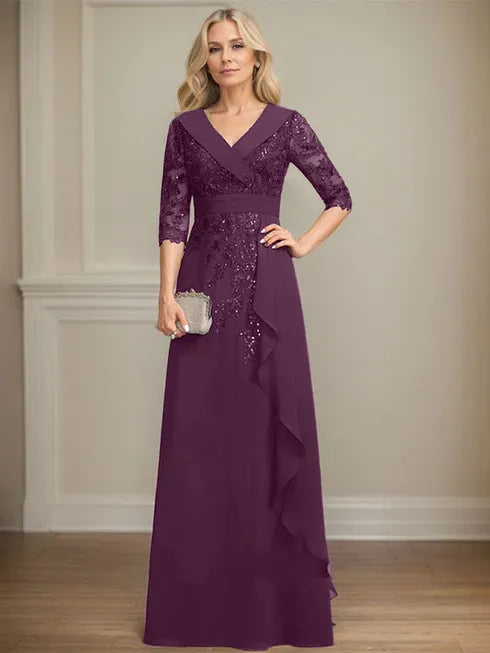 A-Linien Kleid mit Kragen, V-Ausschnitt, bodenlang, aus Spitze und Chiffon, Mutter der Braut Kleid mit Pailletten und fallenden Rüschen