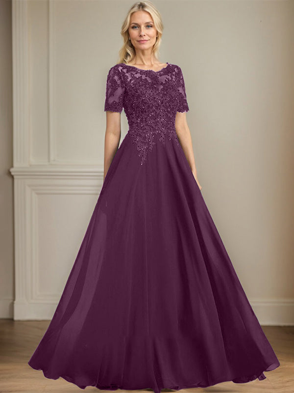 A-Linien Rundhals Illusions-Bodenlanges Chiffon-Spitzenkleid für die Mutter der Braut mit Pailletten und Perlen