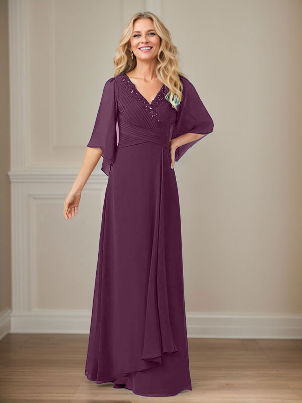 A-Linien V-Ausschnitt langes Pailletten-Chiffon Mutterkleid