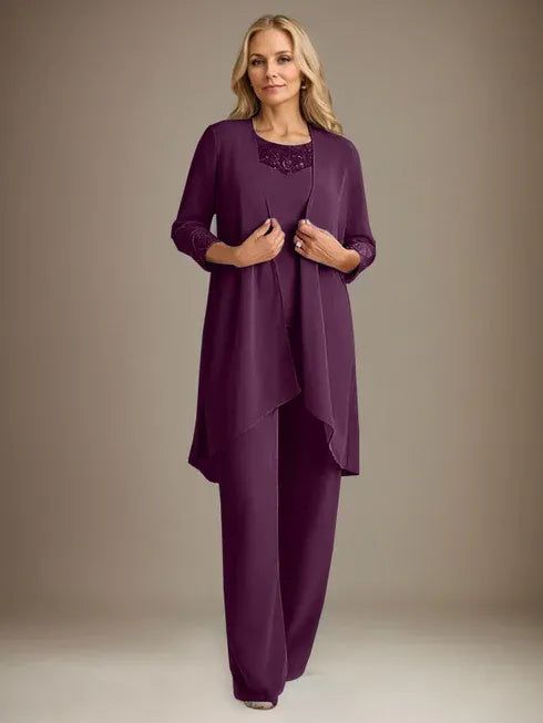 Chiffon Kleid mit Rundhalsausschnitt und langen Ärmeln, Mutter-der-Braut Hosenanzug mit Jacke