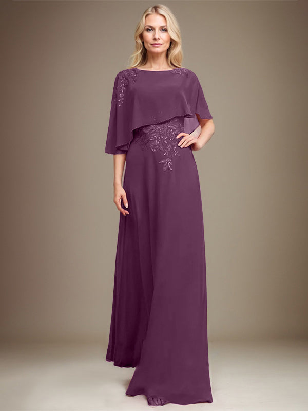A-Linie Rundhals Bodenlanges Chiffon-Spitzenkleid für die Brautmutter mit Pailletten und Perlen