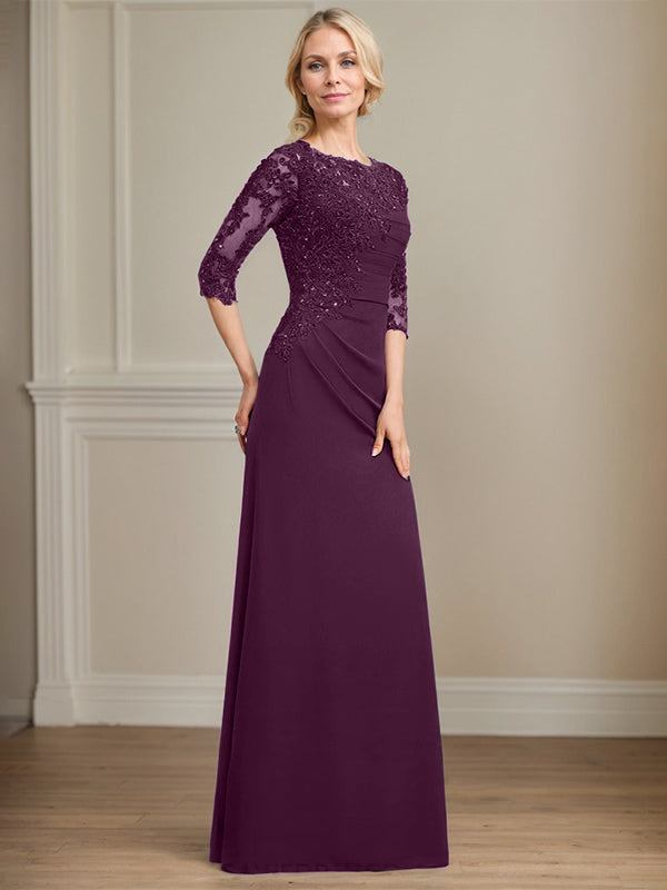 A-Linie Rundhals bodenlanges Chiffon Spitzen Brautmutterkleid mit Perlen Falten Pailletten