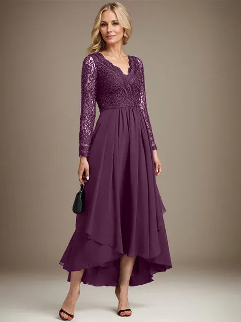 Vestido de madre de la novia en línea A con escote en V, encaje y gasa asimétrica
