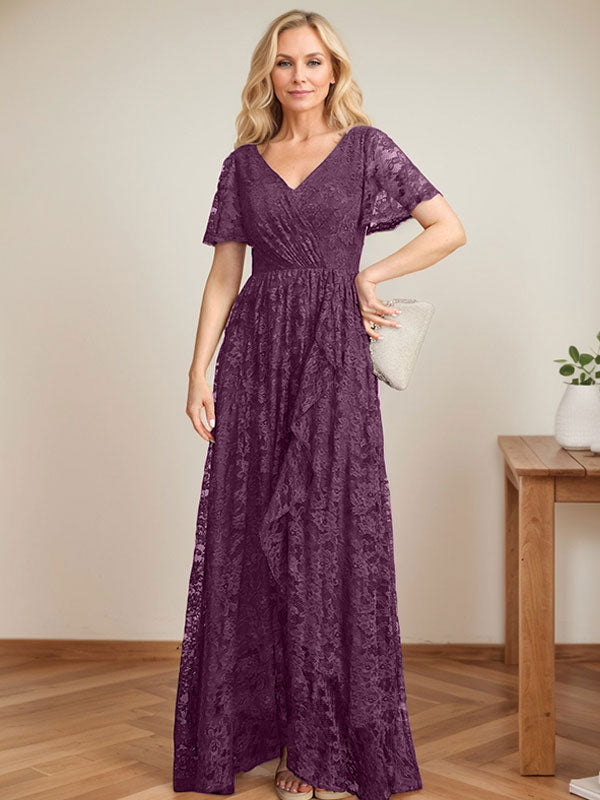 A-Linien Spitzen-Mutter-der-Braut-Kleid mit V-Ausschnitt, asymmetrisch und mit kaskadierenden Rüschen