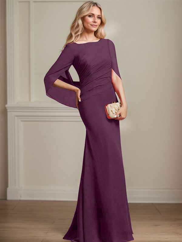 Trompeten-/Meerjungfrauen-Chiffonkleid mit Bootsausschnitt, bodenlang, plissiert, Brautmutterkleid