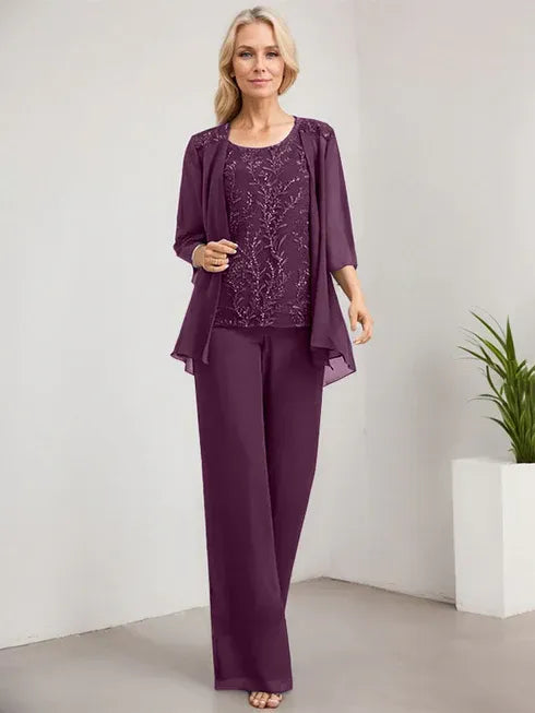 Zweiteiler Jumpsuit/Hosenanzug U-Ausschnitt bodenlanges Spitzen Chiffon Mutter der Braut Kleid mit Pailletten
