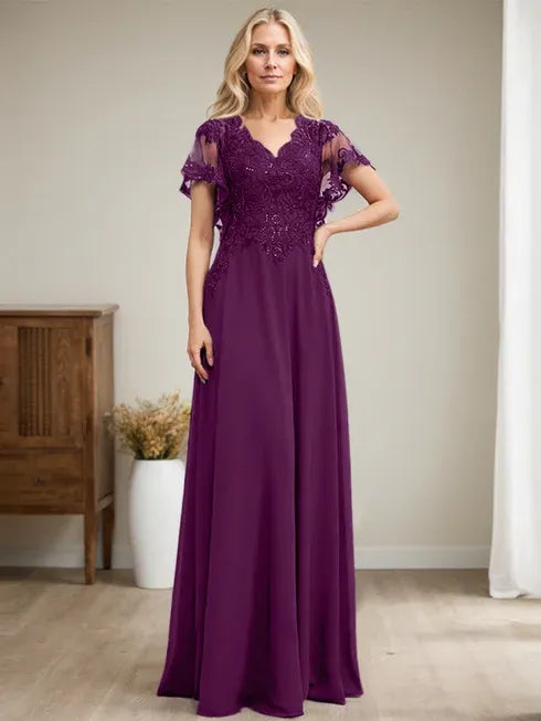 Robe mère de la mariée ligne A col en V longue en dentelle et chiffon avec sequins