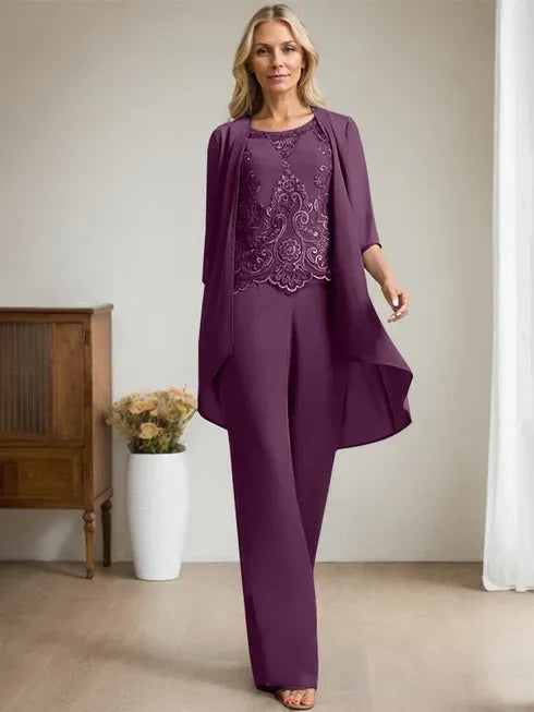 Zweiteiler Jumpsuit/Hosenanzug mit Rundhalsausschnitt, bodenlanges Chiffon-Spitzenkleid für die Mutter der Braut mit Perlen und Pailletten