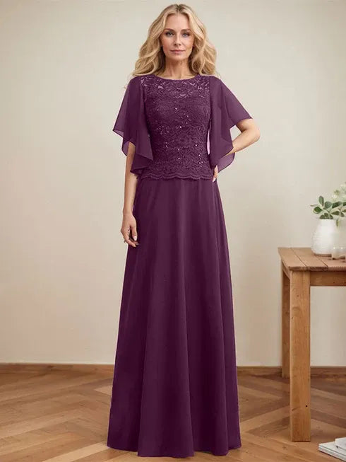 A-Linien Rundhals Illusions-Bodenlanges Spitzen-Chiffon Mutter-der-Braut-Kleid mit Pailletten