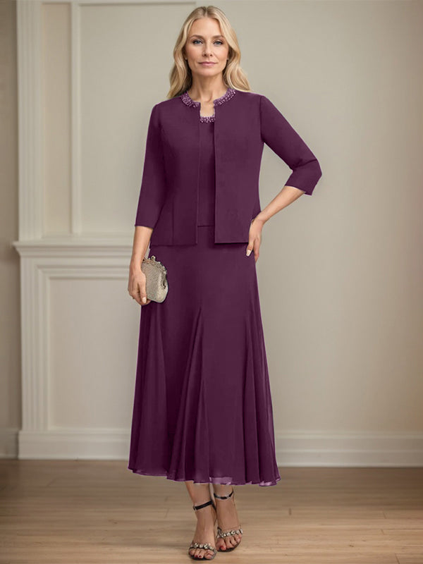 Separates A-Linien Chiffonkleid mit Rundhalsausschnitt, tea-length, Mutter der Braut mit Pailletten und Perlen