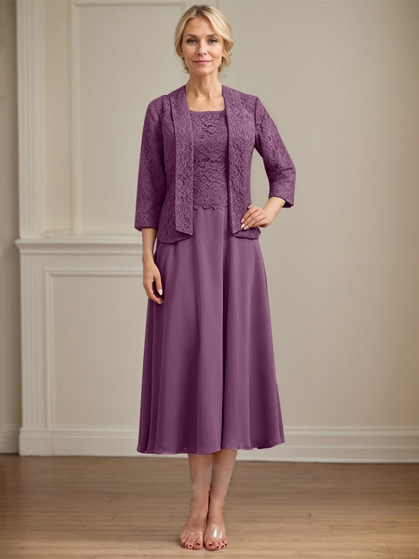 A-Linien Kleid mit Rundhalsausschnitt, tea-länge, Spitze und Chiffon, Mutter der Braut Kleid