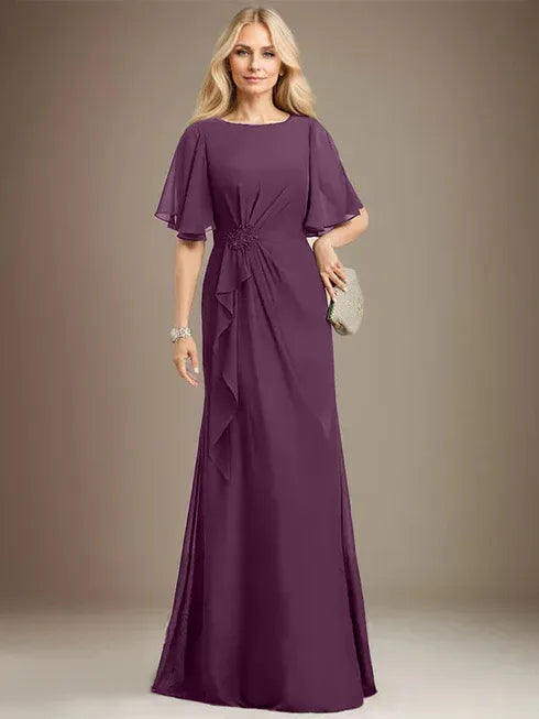 A-Linien Rundhals bodenlanges Chiffon Mutter der Braut Kleid mit kaskadierenden Rüschen Perlen Pailletten