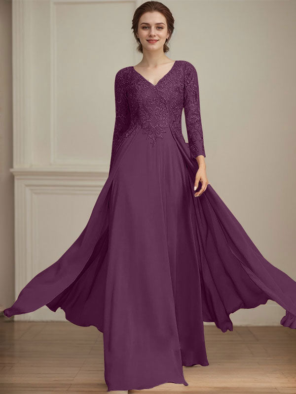 A-Linien V-Ausschnitt Bodenlanges Spitzen-Chiffon Kleid für die Brautmutter mit Pailletten