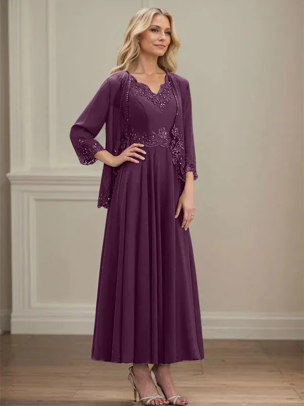 A-Linien Kleid mit V-Ausschnitt, knöchellang, aus Chiffon, Mutter der Braut Kleid mit Pailletten, Applikationen, Spitze und Perlenbesatz