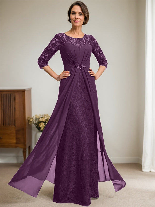 A-Linien Rundhalsausschnitt Illusions-Bodenlanges Spitzen-Chiffonkleid für die Brautmutter mit Perlen und Volants