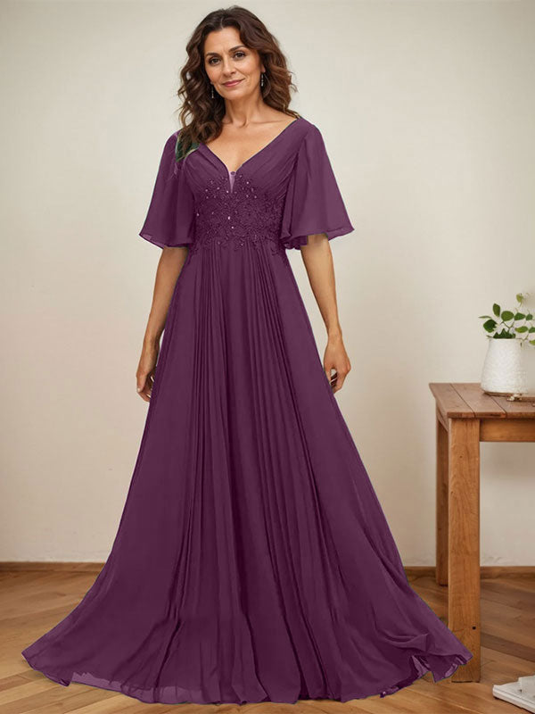 A-Linien V-Ausschnitt bodenlanges Chiffon Mutterkleid der Braut mit Pailletten-Applikationen, Spitze und Falten