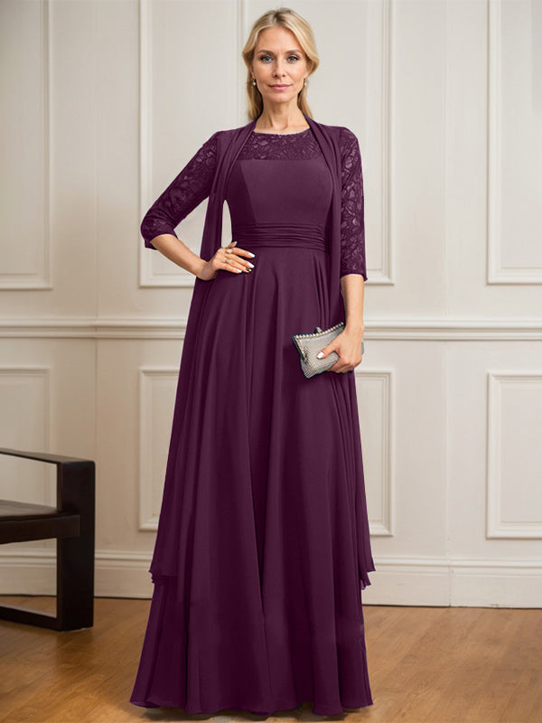 A-Linien Kleid mit Rundhalsausschnitt, Illusion, bodenlang aus Spitze und Chiffon, Mutter-der-Braut-Kleid mit Faltenwurf
