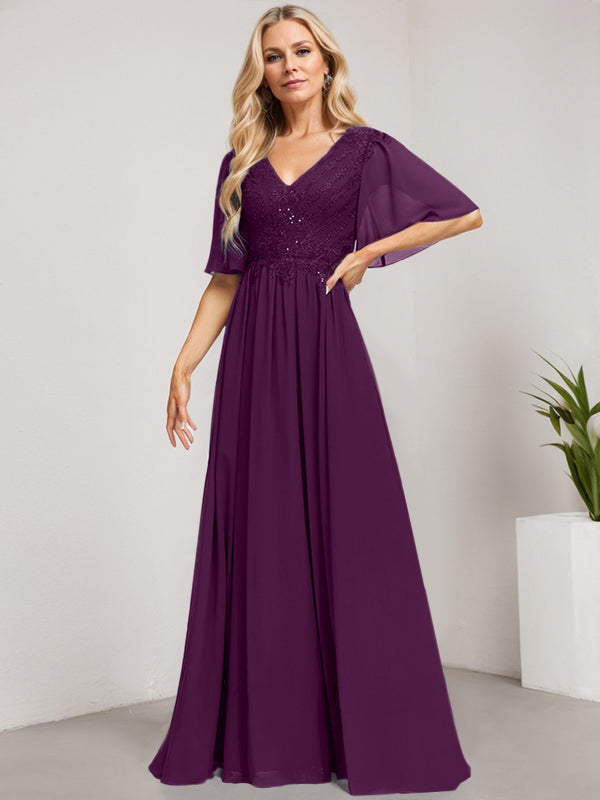 Robe mère de la mariée ligne A col en V longue en dentelle et chiffon avec sequins