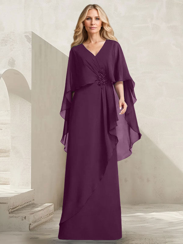 Robe mère de la mariée longue en chiffon coupe trapèze à col en V avec volants en cascade et perles