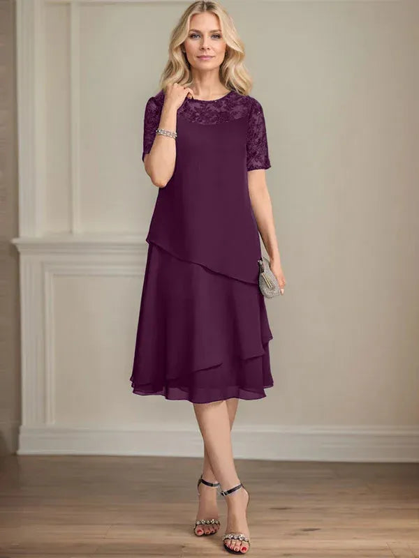 A-Linien Rundhals Illusions-Knie-Länge Spitzen-Chiffon Kleid für die Brautmutter mit Pailletten