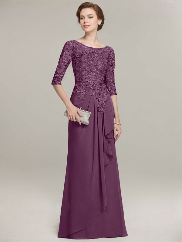 A-Linien Rundhalsausschnitt Illusions bodenlanges Spitzen-Chiffon Mutter der Braut Kleid mit kaskadierenden Rüschen