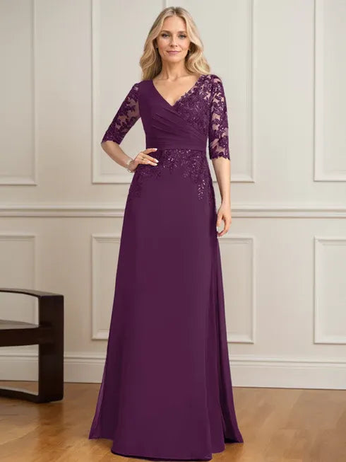A-Linien V-Ausschnitt bodenlanges Spitzen-Chiffon Kleid der Brautmutter mit plissierten Pailletten