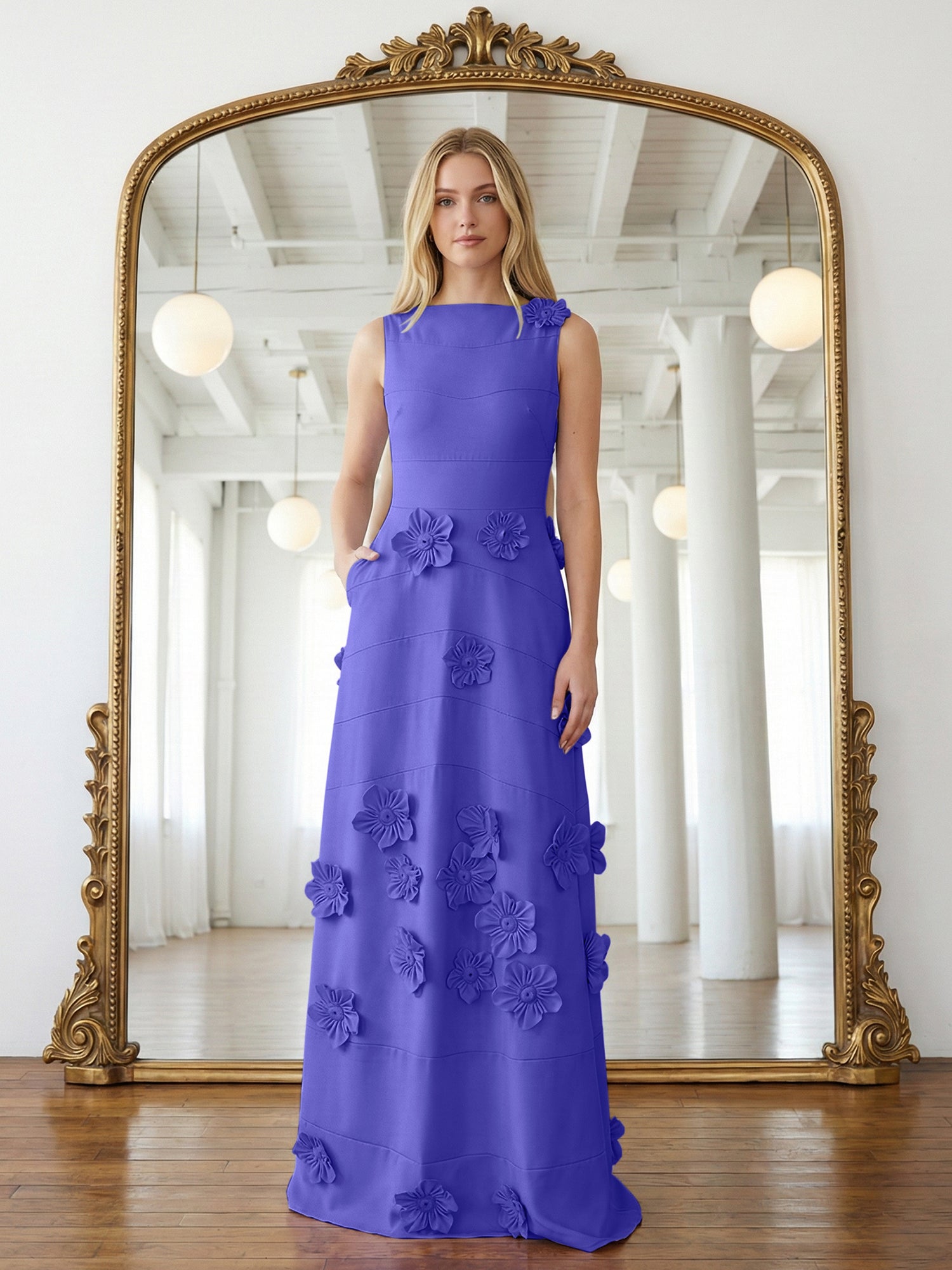 Lavendelfarbenes formelles Kleid mit U-Boot-Ausschnitt und herabfließenden 3D-Blumen