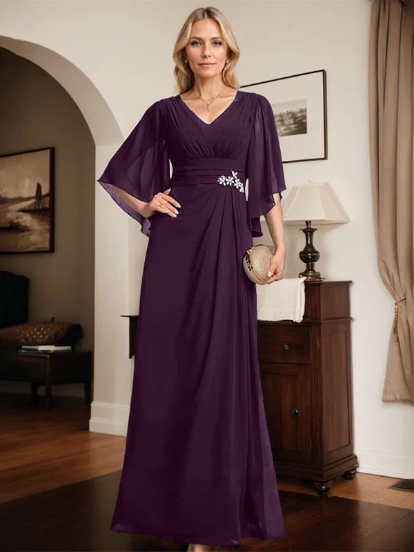 Etuikleid/Säule V-Ausschnitt bodenlanges Chiffon Mutter-der-Braut-Kleid mit plissierten Pailletten und Perlen