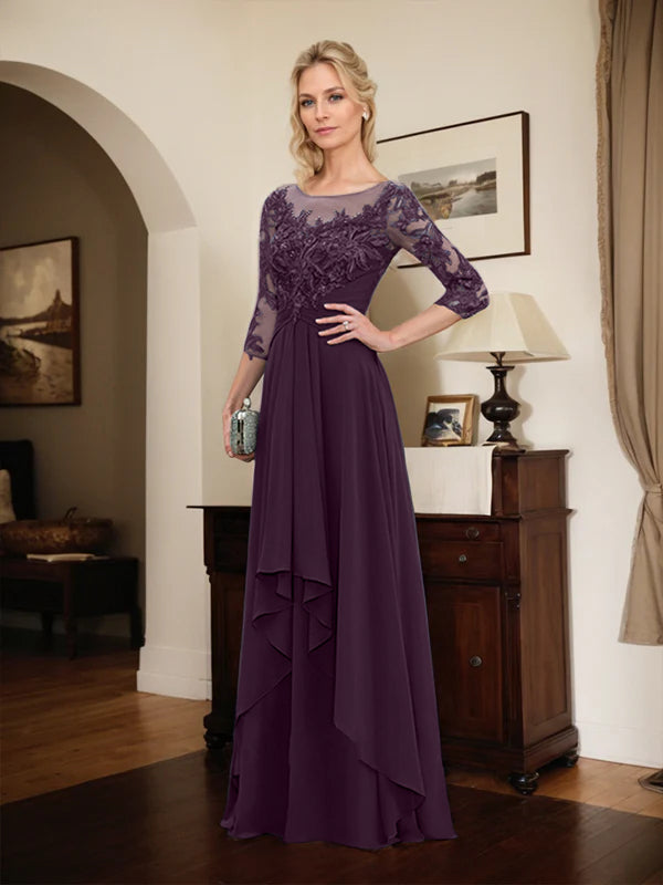Robe mère de la mariée en ligne A avec col rond illusion, dentelle et chiffon longueur sol avec volants en cascade