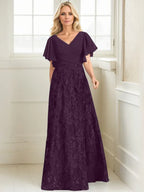 Vestido de madre de la novia en línea A con escote en V, largo hasta el suelo, encaje, lentejuelas y gasa plisada