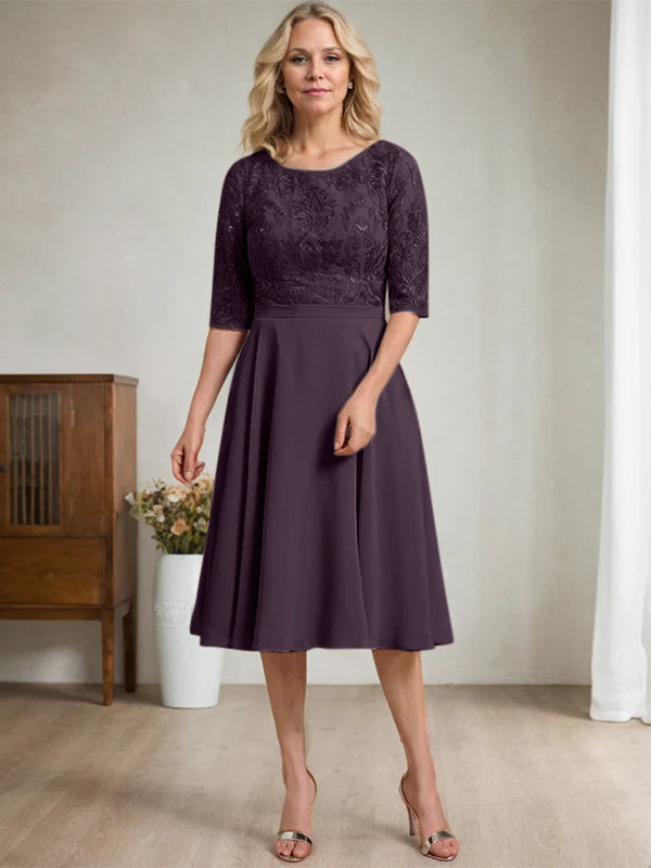 A-Linien Rundhalsausschnitt knielanges Spitzen-Chiffon Kleid für die Mutter der Braut