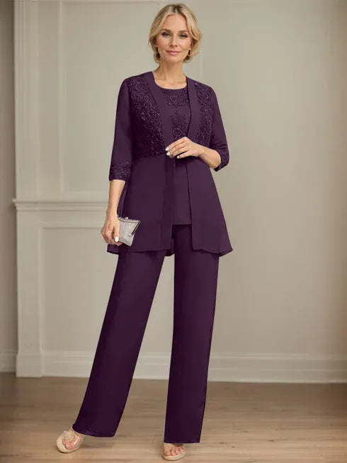 Combinaison/pantalon séparé en mousseline et dentelle, longueur au sol, col rond, robe mère de la mariée avec sequins