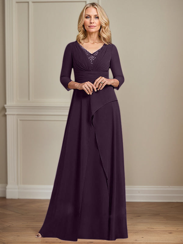 A-Linien Chiffon-Mutter-der-Braut-Kleid mit V-Ausschnitt, bodenlang, plissierte Perlenverzierung